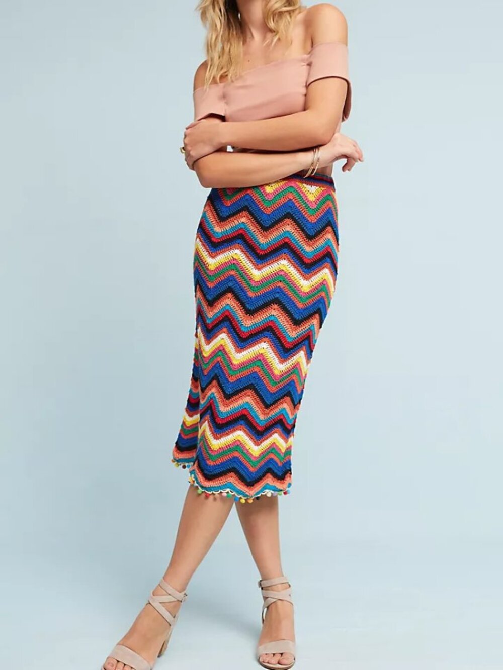 Farm Rio Ebony Chevron Colorful Knit Midi Skirt L